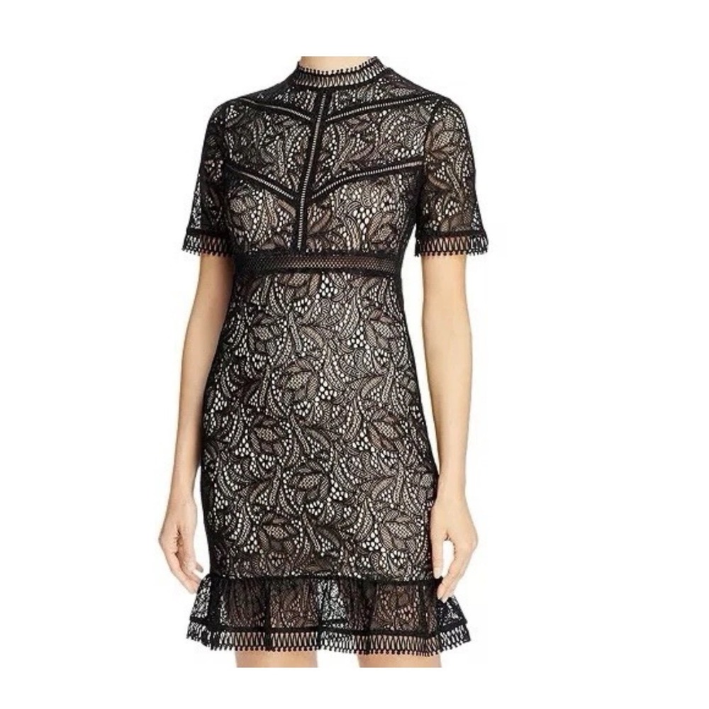 Bardot Black Lace Mock Neck Sheath Dress Ruffle Hem 53855DB Womens 10 L